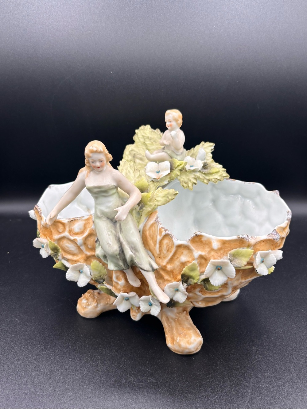 Antique Arnart Japan Porcelain Centerpiece Bowl Putti Cabbage Leaves Cherub